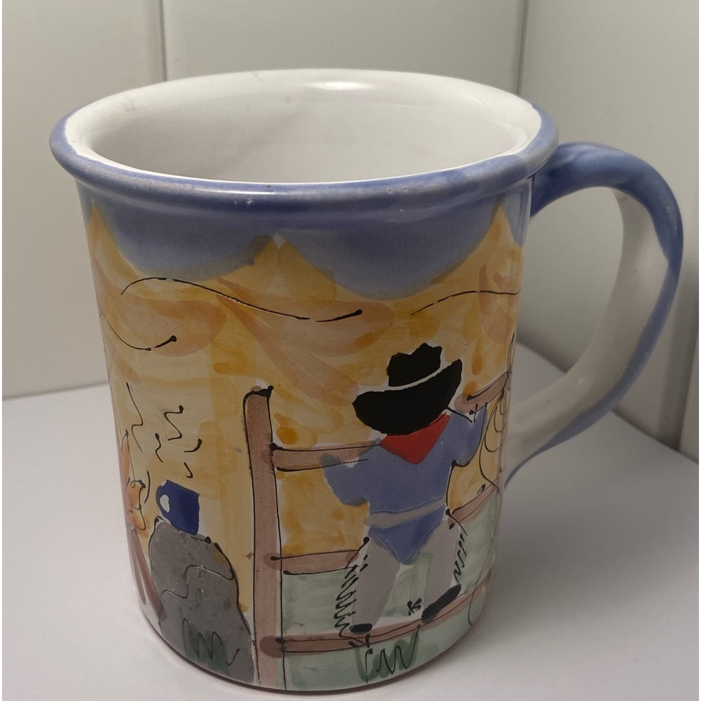 Vintage Cowboy mug outdoor western scene Hand Painted art Mug Artist signed - Picture 4 of 16